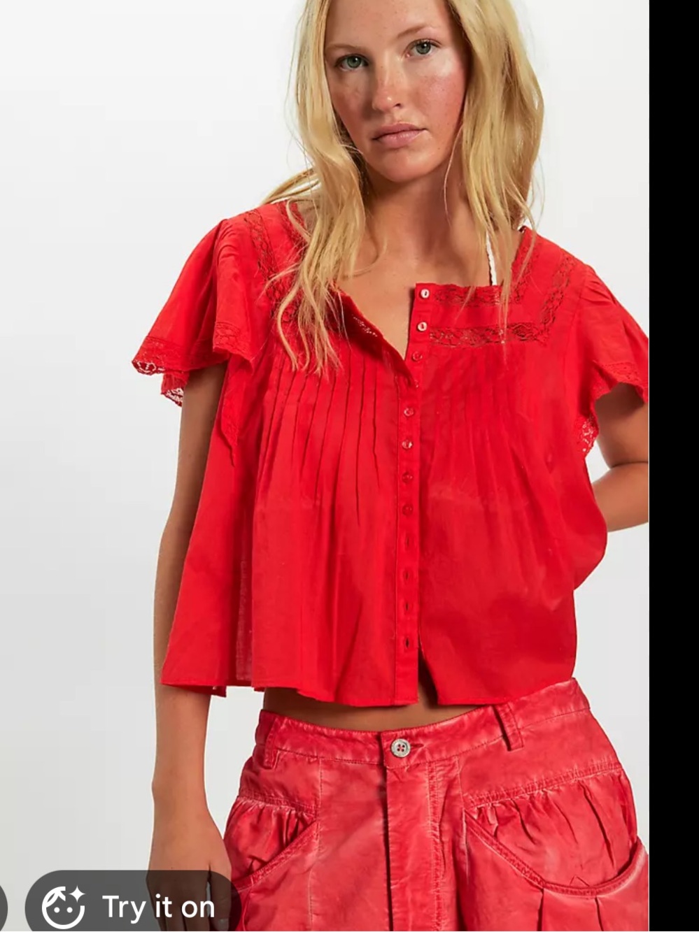 Red Button-Front Pintuck Blouse by Red